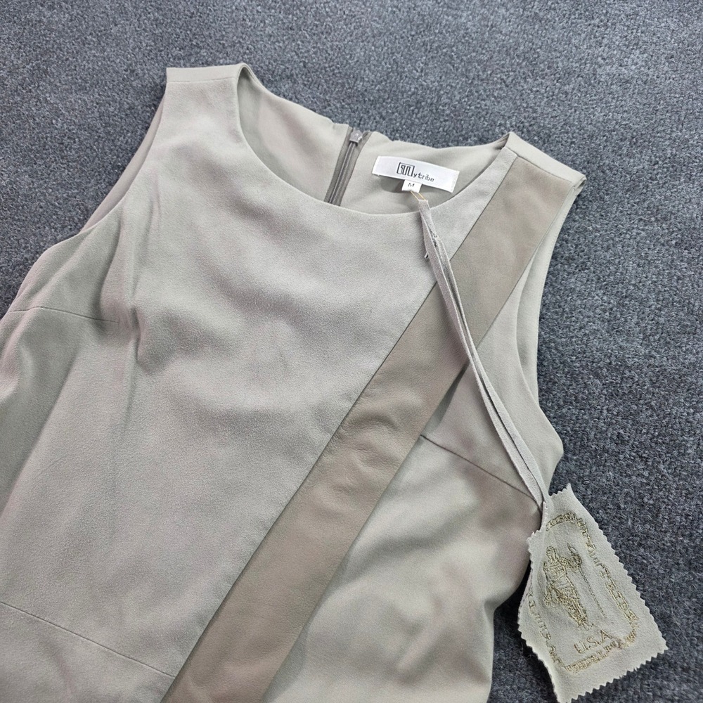 My Tribe Dress Genuine Leather Panel Sleeveless Shift Taupe Beige Size M Wom NEW